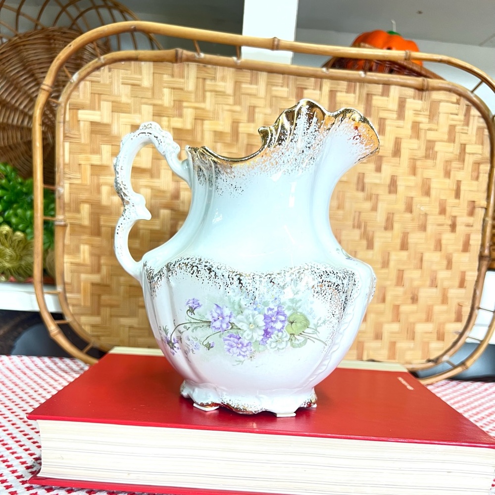 Vintage pitcher purple gold Harvard decor retro cottage core